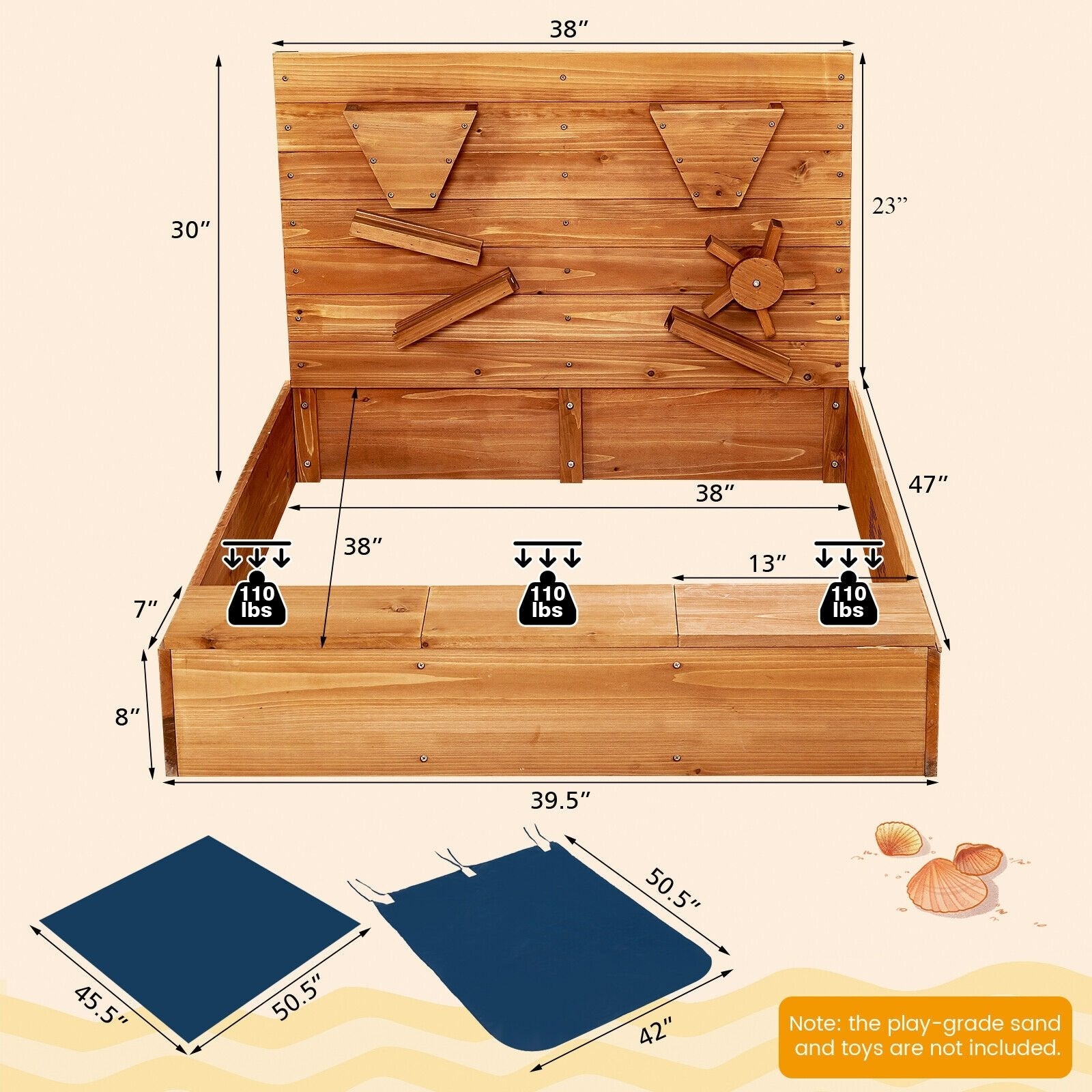 Kids Wooden Square Sandbox with Cover, Brown Sandboxes   at Gallery Canada