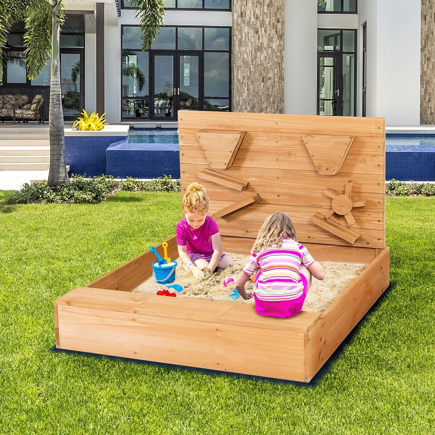 Kids Wooden Square Sandbox with Cover, Brown Sandboxes   at Gallery Canada