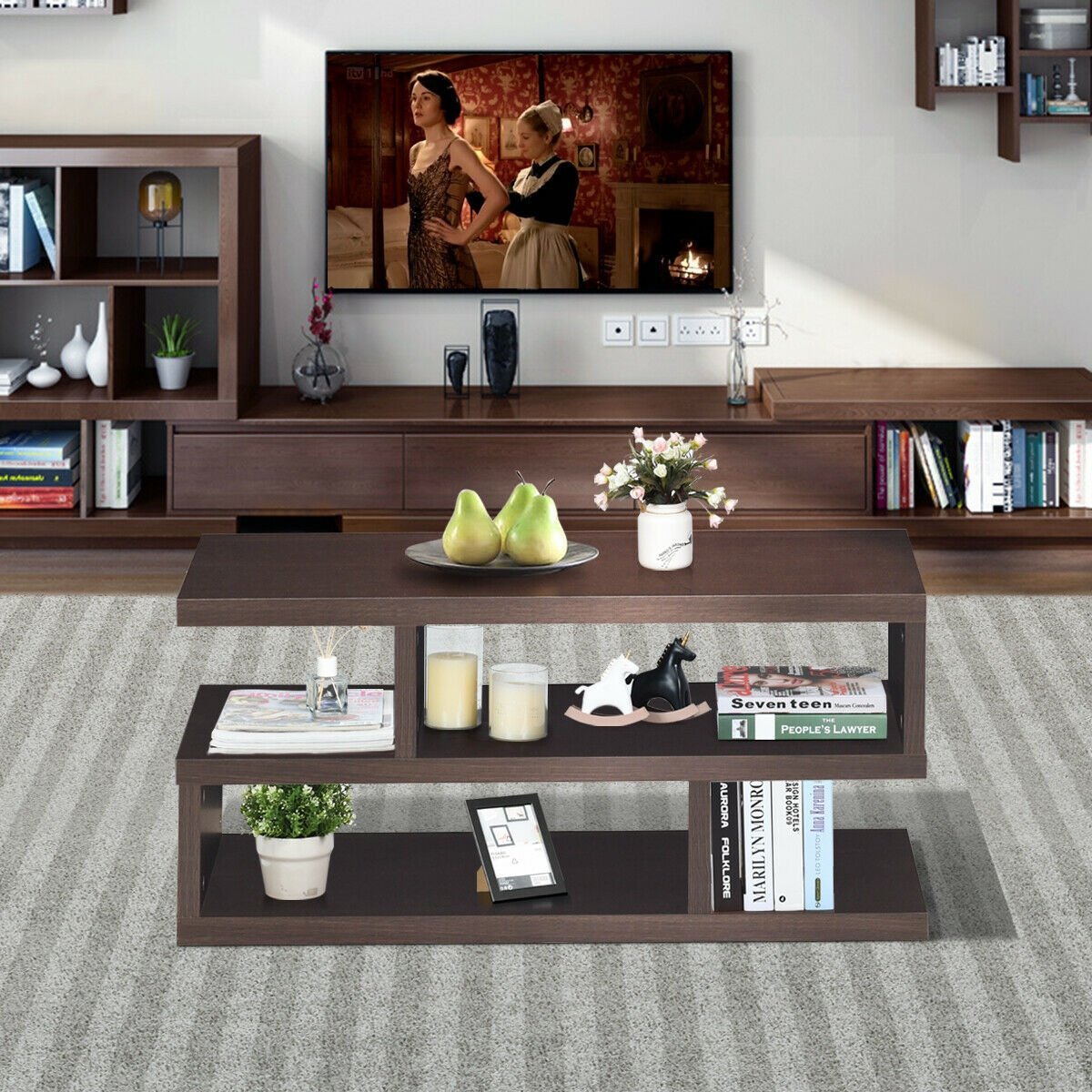 3-Tier Rectangular Modern Coffee Table with Storage Shelf, Brown - Gallery Canada