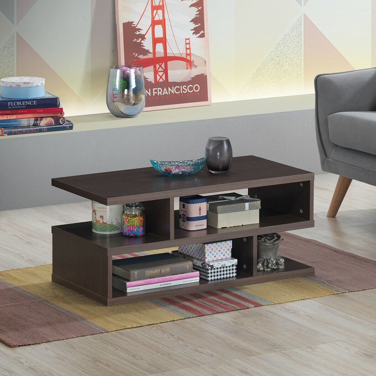 3-Tier Rectangular Modern Coffee Table with Storage Shelf, Brown - Gallery Canada