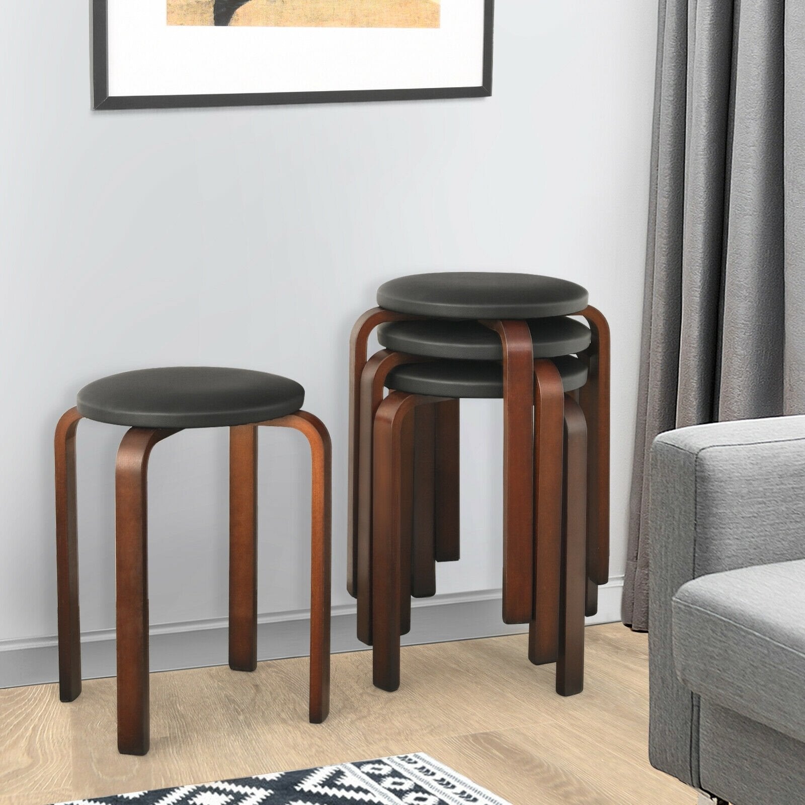 Set of 4 Bentwood Round Stool Stackable Dining Chairs with Padded Seat, Black Dining Chairs   at Gallery Canada