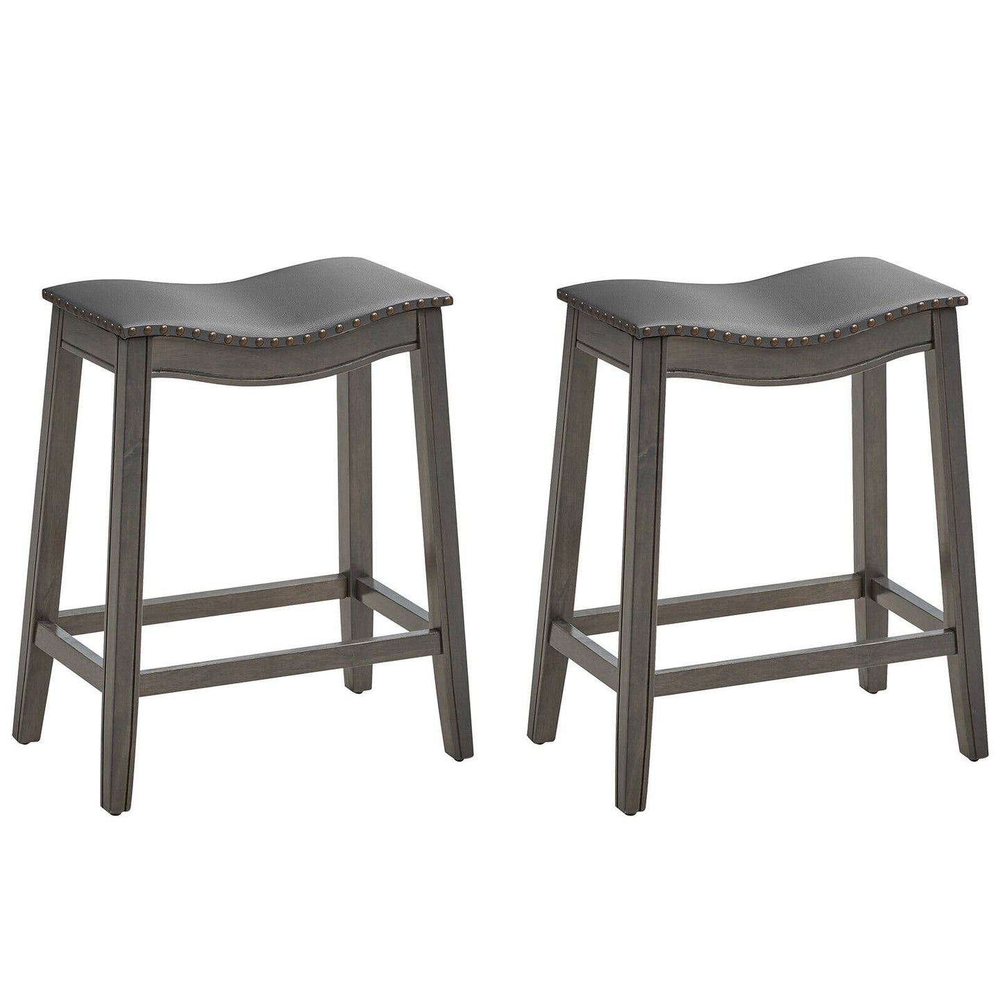 Set of 2 PU Leather Saddle Bar Stools with Rubber Wood Legs, Gray Bar Stools   at Gallery Canada