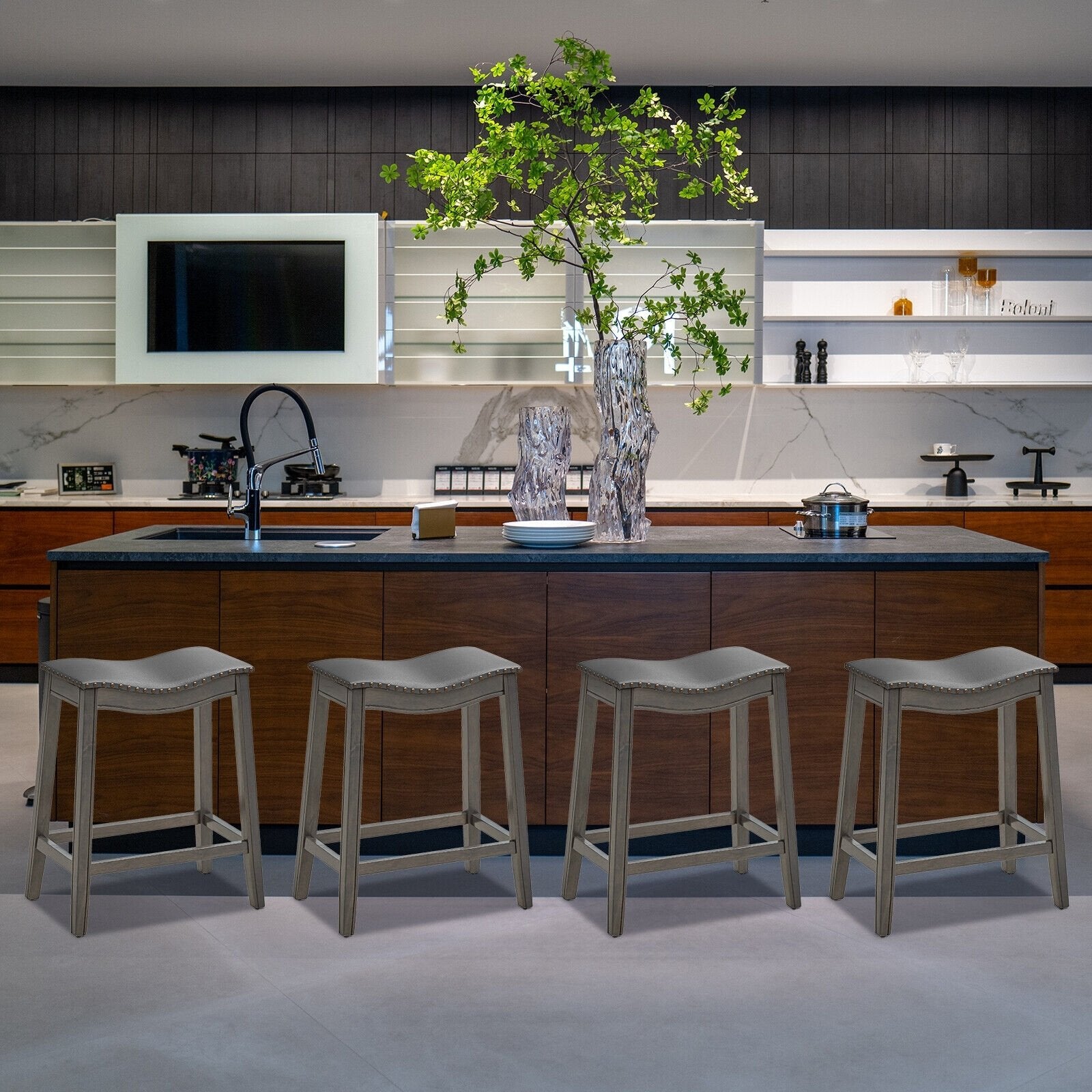 Set of 2 PU Leather Saddle Bar Stools with Rubber Wood Legs, Gray Bar Stools   at Gallery Canada