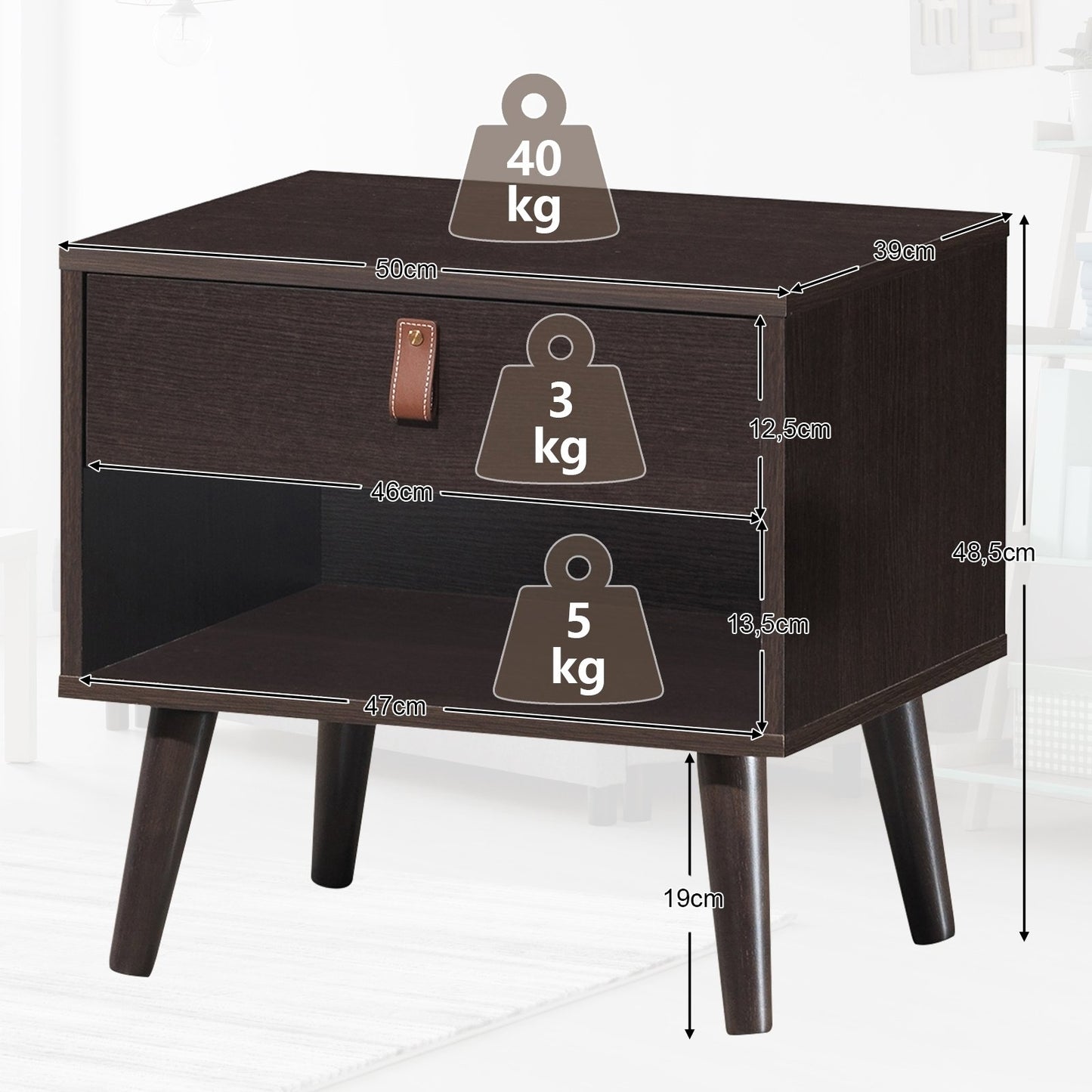 Nightstand Bedroom Table with Drawer Storage Shelf, Brown Nightstands   at Gallery Canada