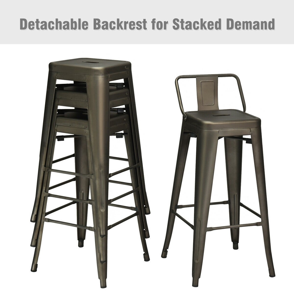 30 Inch Set of 4 Metal Counter Height Barstools with Low Back and Rubber Feet, Dark Brown Bar Stools   at Gallery Canada