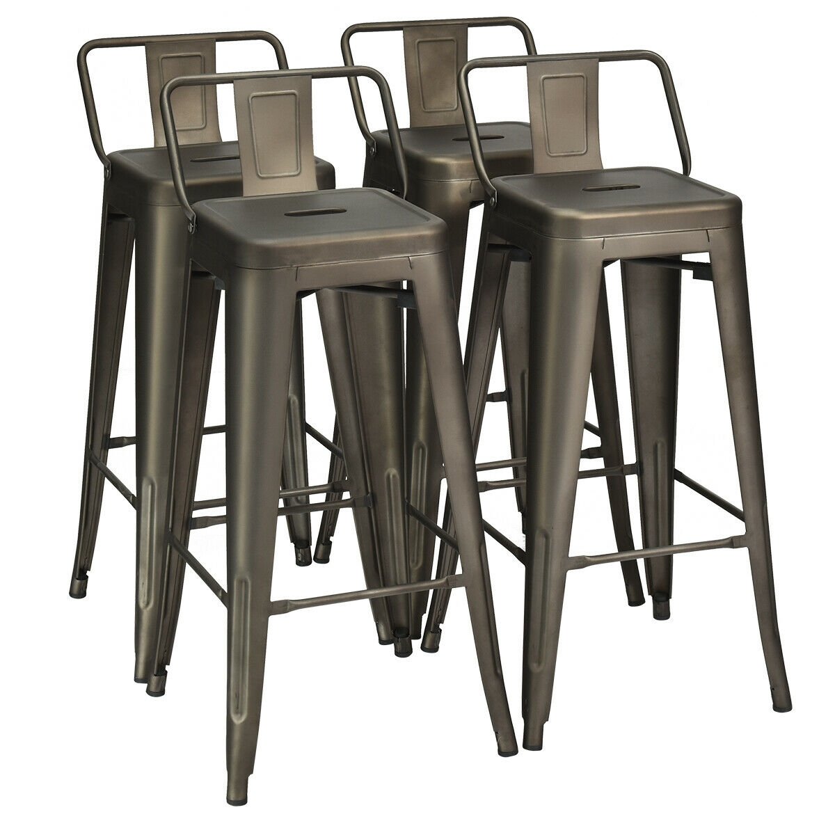 30 Inch Set of 4 Metal Counter Height Barstools with Low Back and Rubber Feet, Dark Brown Bar Stools   at Gallery Canada