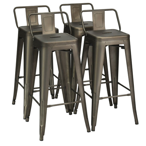 30 Inch Set of 4 Metal Counter Height Barstools with Low Back and Rubber Feet, Dark Brown