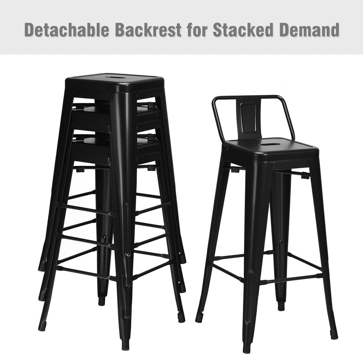 30 Inch Set of 4 Metal Counter Height Barstools with Low Back and Rubber Feet, Black Bar Stools   at Gallery Canada