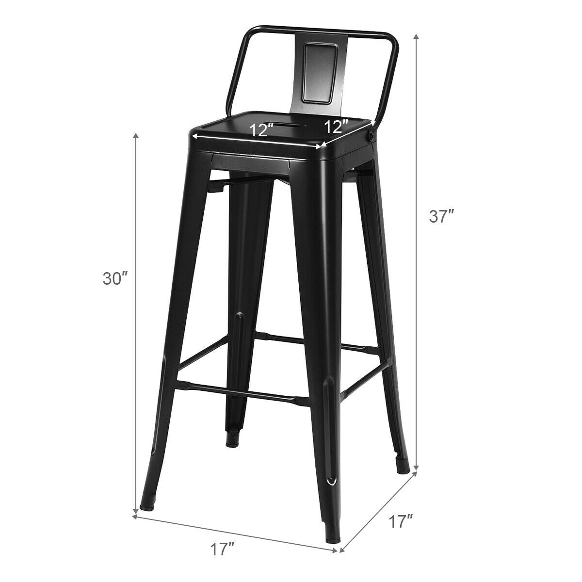 30 Inch Set of 4 Metal Counter Height Barstools with Low Back and Rubber Feet, Black Bar Stools   at Gallery Canada