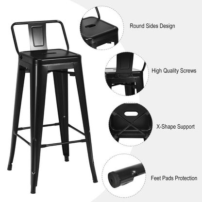 30 Inch Set of 4 Metal Counter Height Barstools with Low Back and Rubber Feet, Black Bar Stools   at Gallery Canada