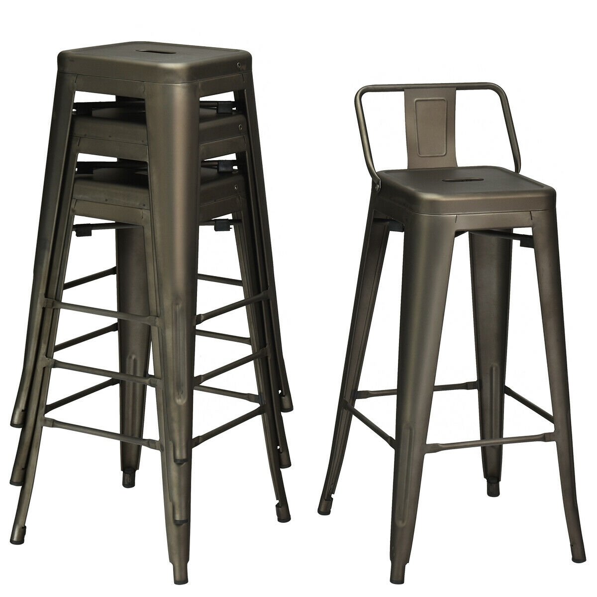 30 Inch Set of 4 Metal Counter Height Barstools with Low Back and Rubber Feet, Dark Brown Bar Stools   at Gallery Canada