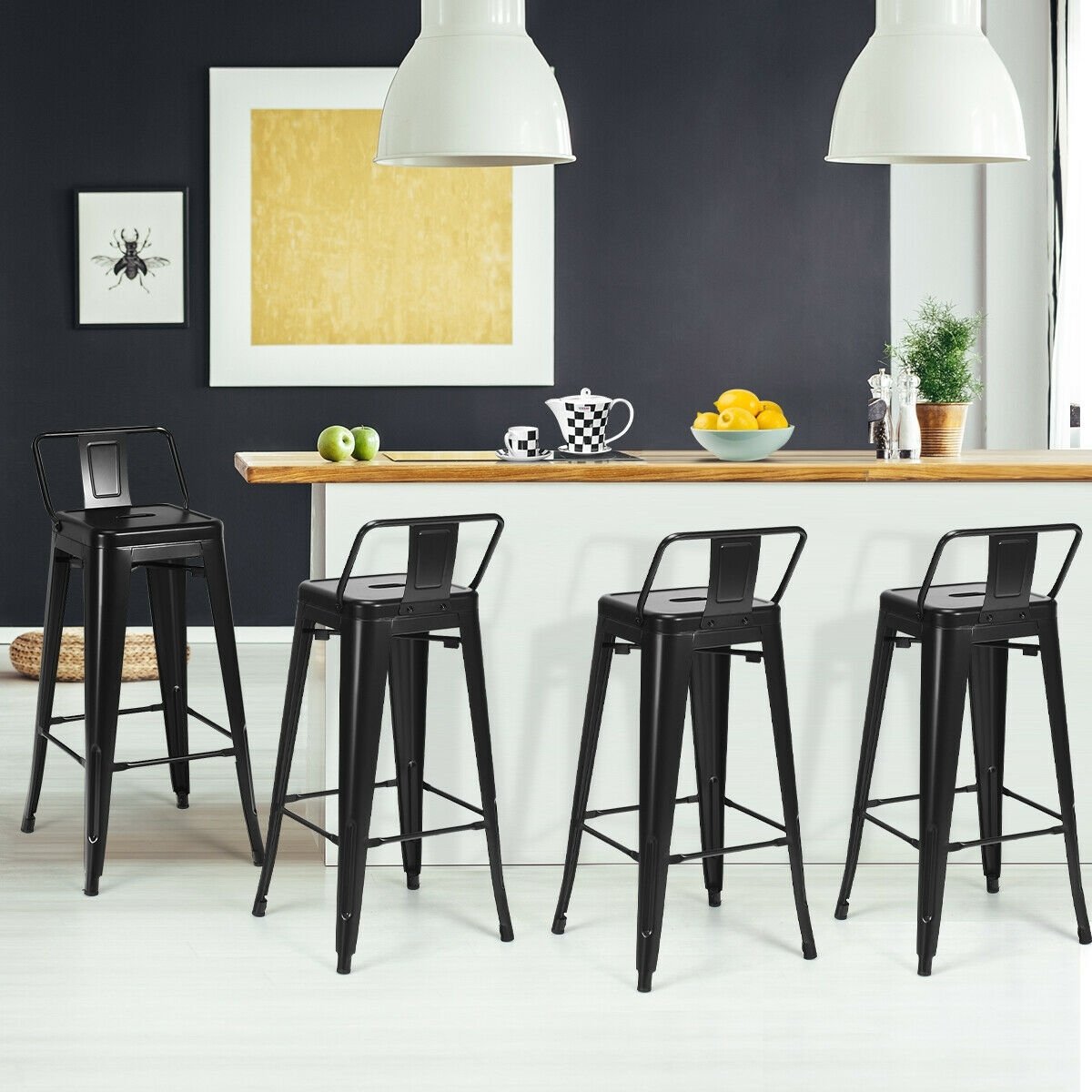 30 Inch Set of 4 Metal Counter Height Barstools with Low Back and Rubber Feet, Black Bar Stools   at Gallery Canada