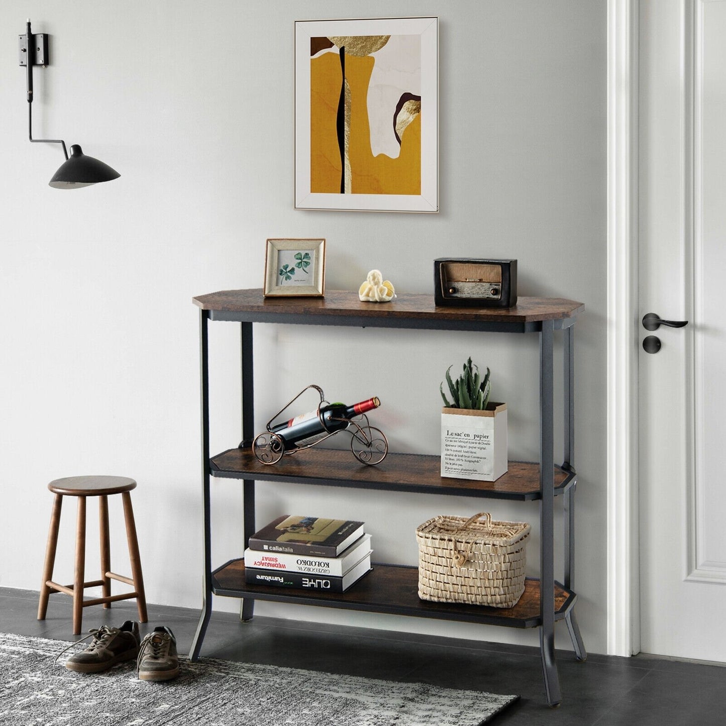 3-Tier Steel Frame Entryway Sofa Console Table for Hallway and Living Room, Rustic Brown Console Tables   at Gallery Canada