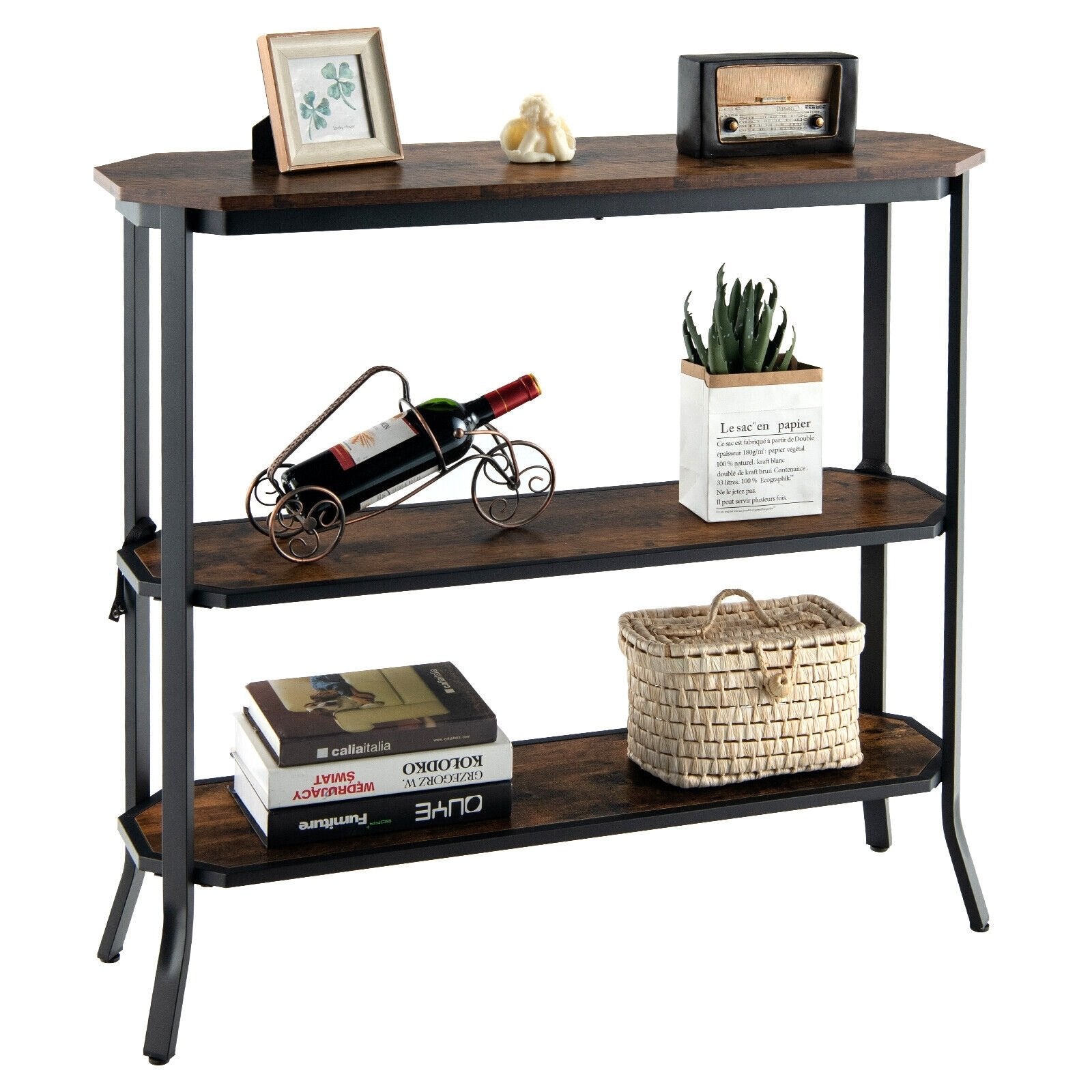 3-Tier Steel Frame Entryway Sofa Console Table for Hallway and Living Room, Rustic Brown Console Tables   at Gallery Canada