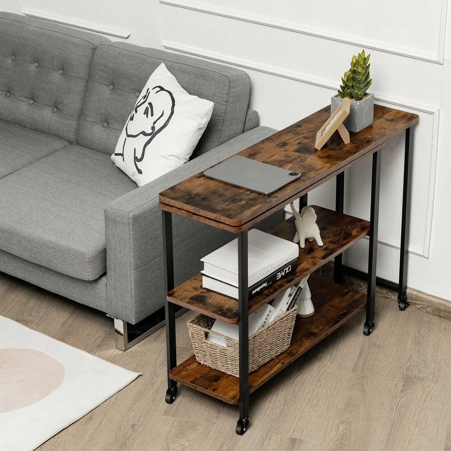 Large 360-Degree Free Rotating Sofa Side Table with Wheels and Storage Shelf, Rustic Brown End & Side Tables   at Gallery Canada