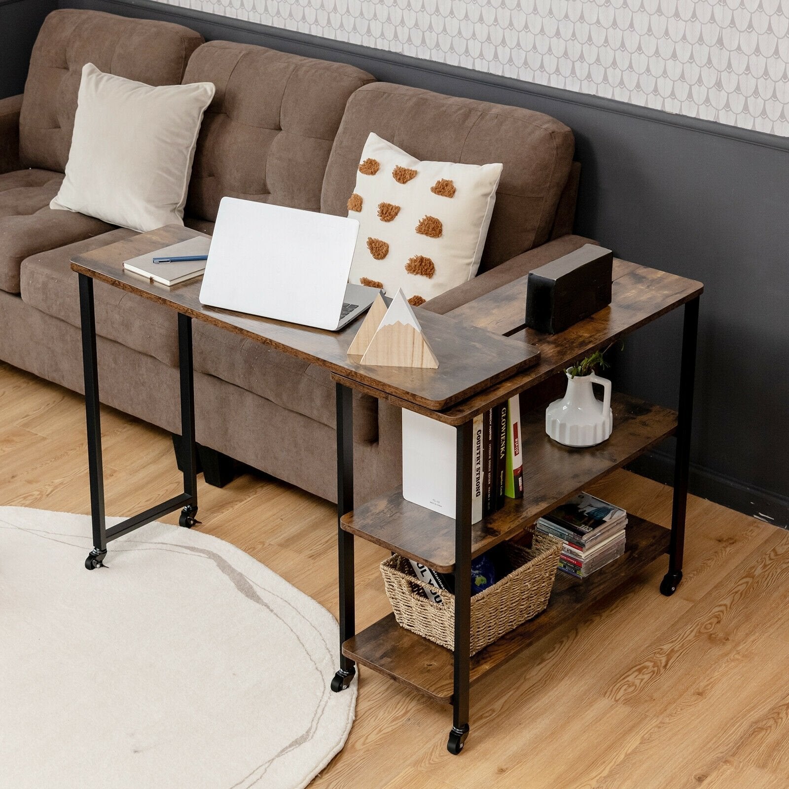 Large 360-Degree Free Rotating Sofa Side Table with Wheels and Storage Shelf, Rustic Brown - Gallery Canada