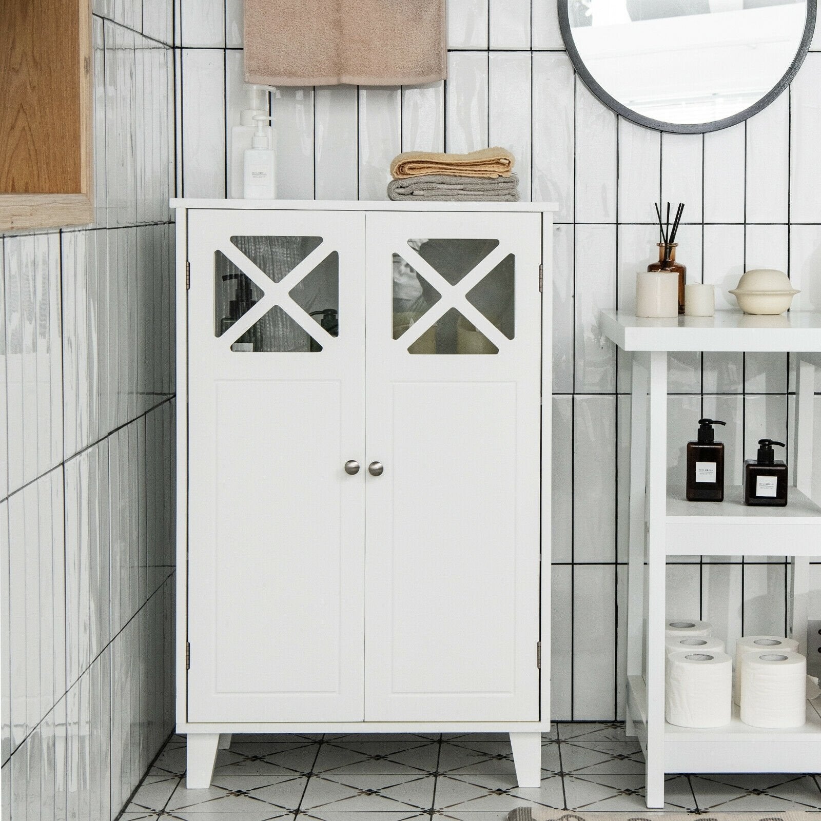 Wooden Freestanding Storage Cabinet with Visible Windows and 1 Adjustable Shelf, White Floor Cabinets   at Gallery Canada