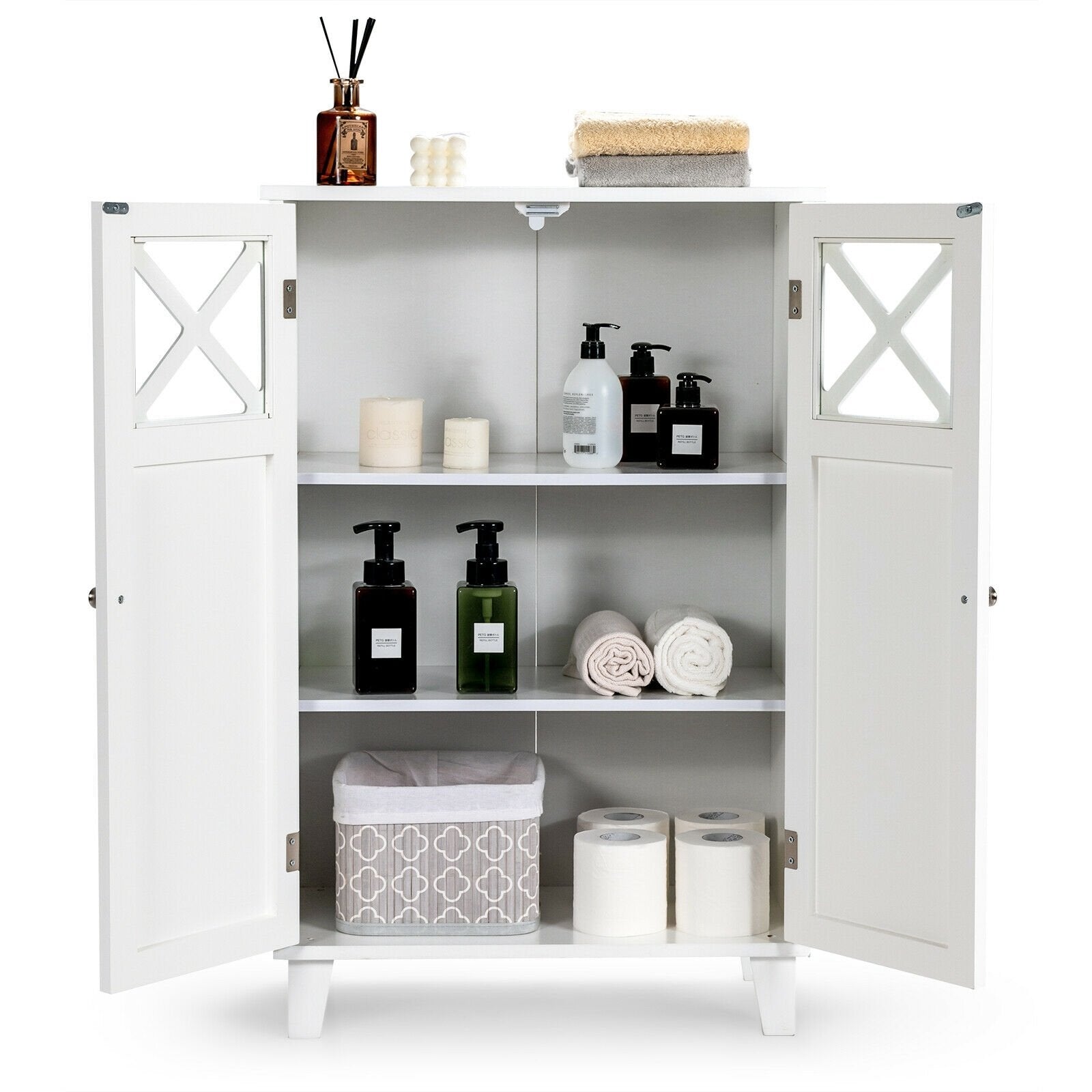 Wooden Freestanding Storage Cabinet with Visible Windows and 1 Adjustable Shelf, White Floor Cabinets   at Gallery Canada