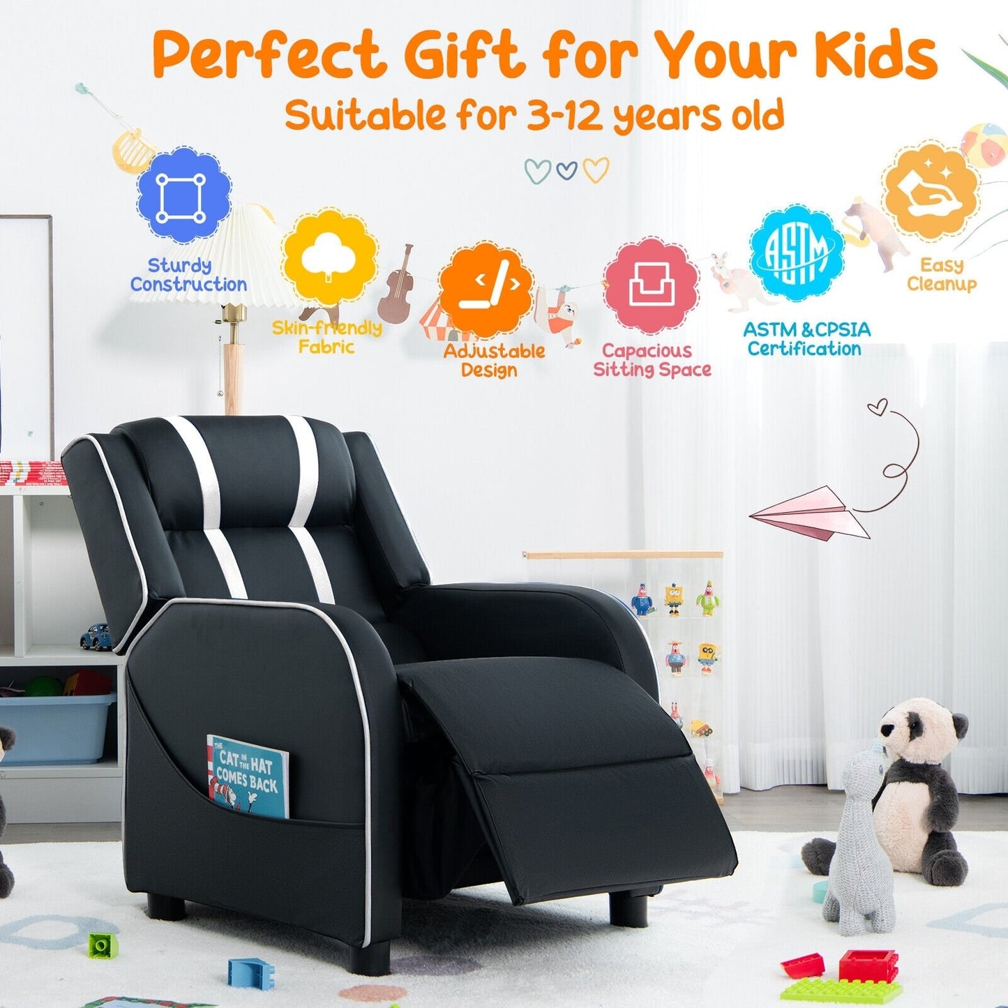 Kids Recliner Chair with Side Pockets and Footrest, White Kids Chairs & Seating   at Gallery Canada