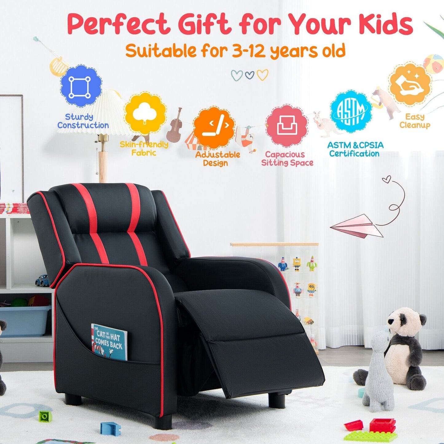 Kids Recliner Chair with Side Pockets and Footrest, Red - Gallery Canada