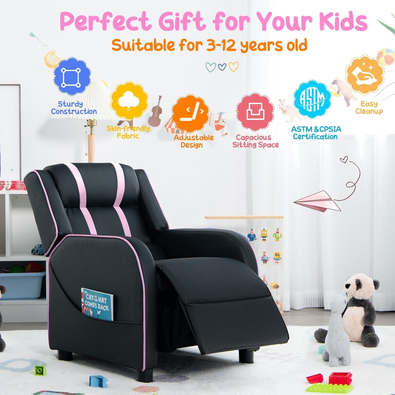 Kids Recliner Chair with Side Pockets and Footrest, Pink Kids Chairs & Seating   at Gallery Canada