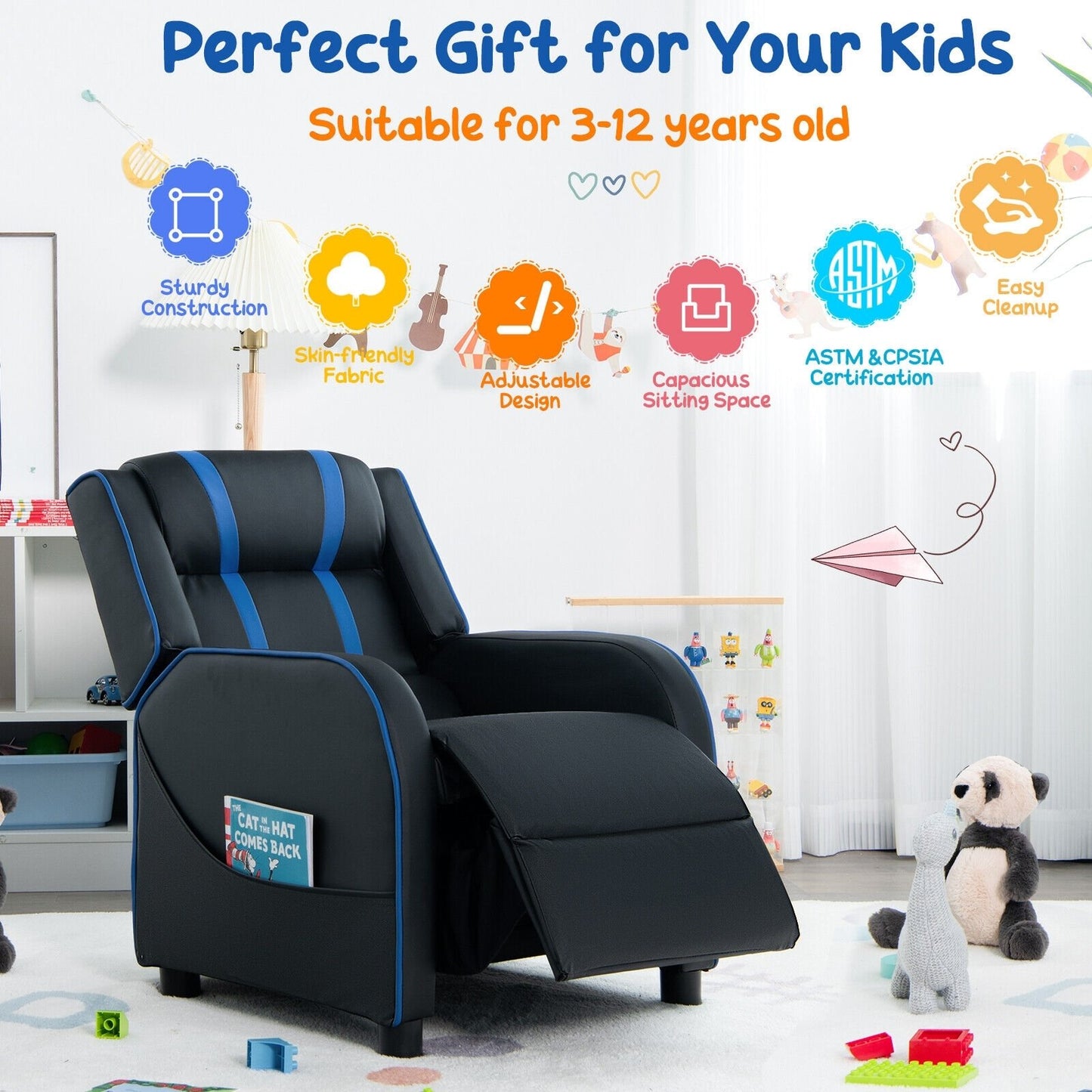 Kids Recliner Chair with Side Pockets and Footrest, Blue - Gallery Canada