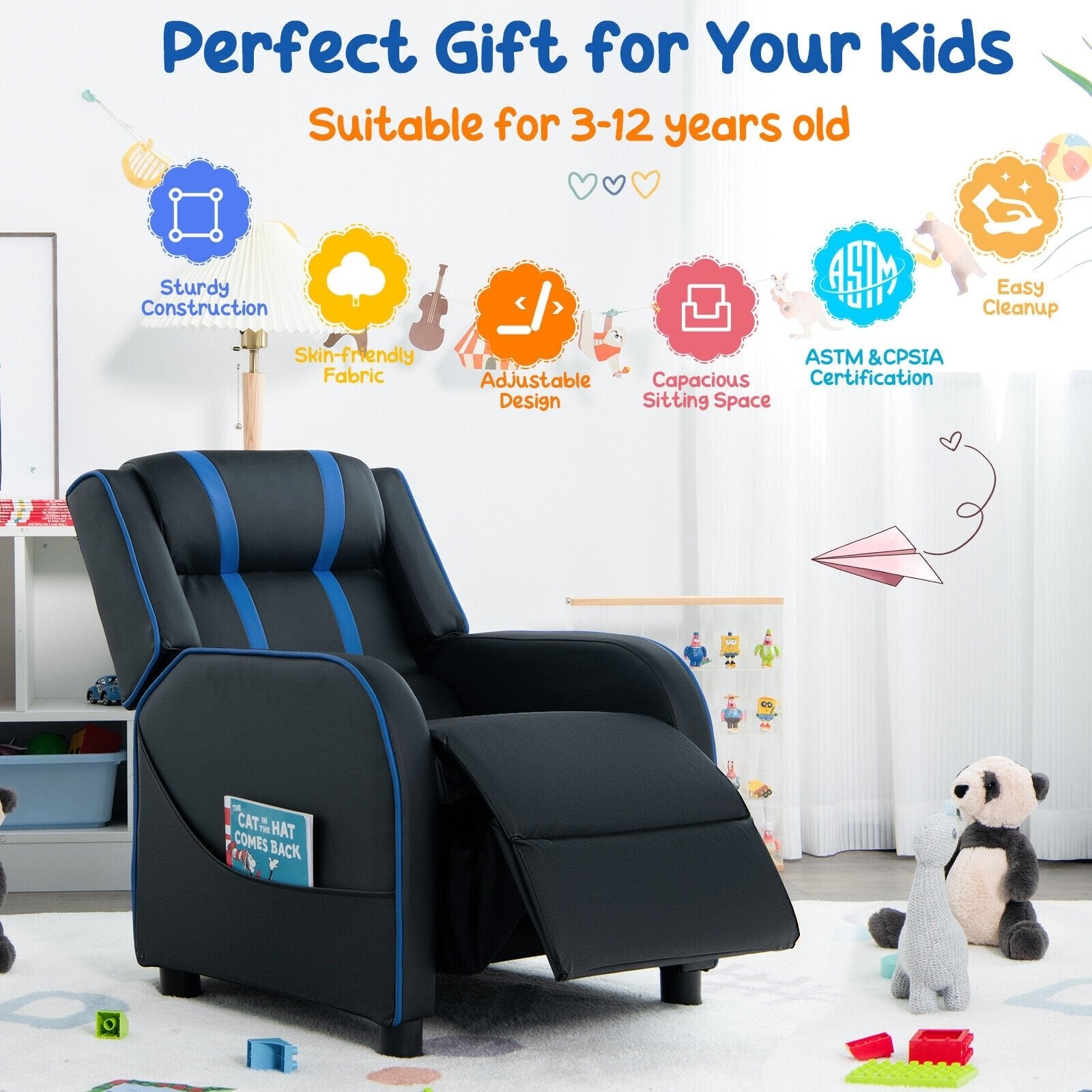 Kids Recliner Chair with Side Pockets and Footrest, Blue Kids Chairs & Seating   at Gallery Canada