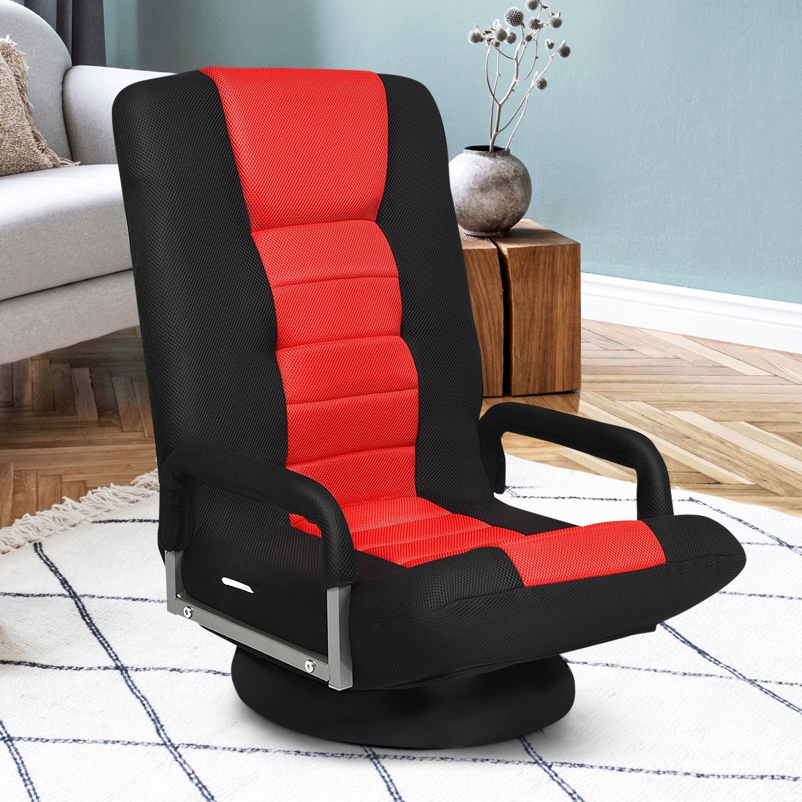 360-Degree Swivel Gaming Floor Chair with Foldable Adjustable Backrest, Red Floor Chairs   at Gallery Canada