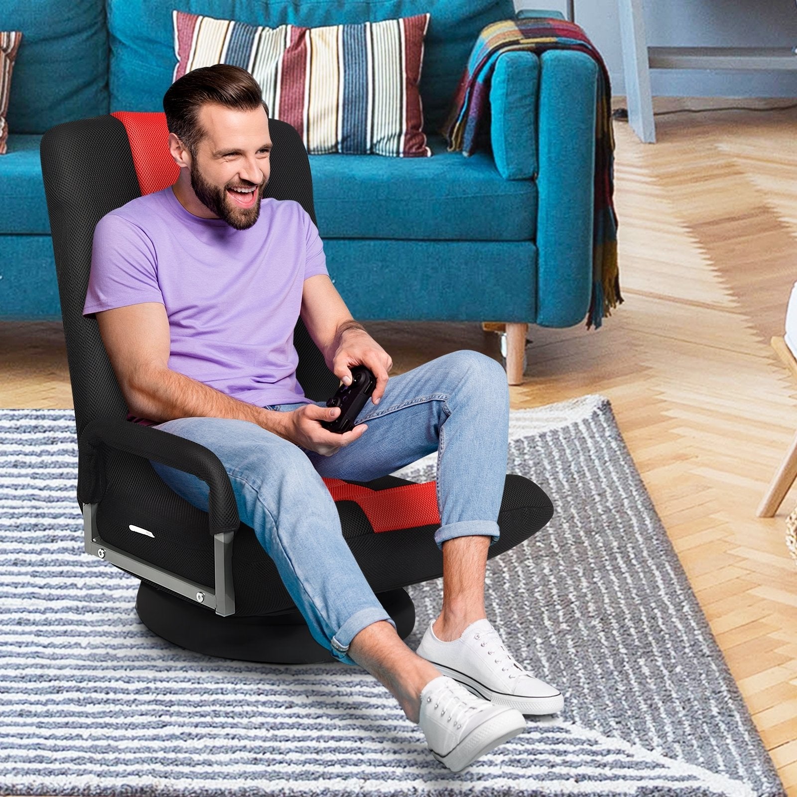 360-Degree Swivel Gaming Floor Chair with Foldable Adjustable Backrest, Red Floor Chairs   at Gallery Canada