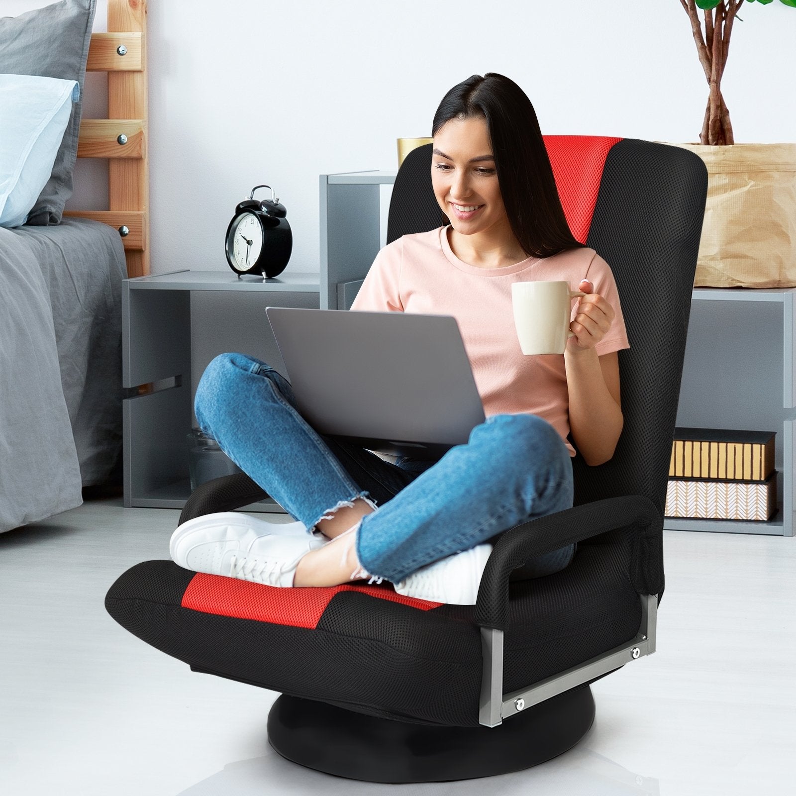 360-Degree Swivel Gaming Floor Chair with Foldable Adjustable Backrest, Red Floor Chairs   at Gallery Canada