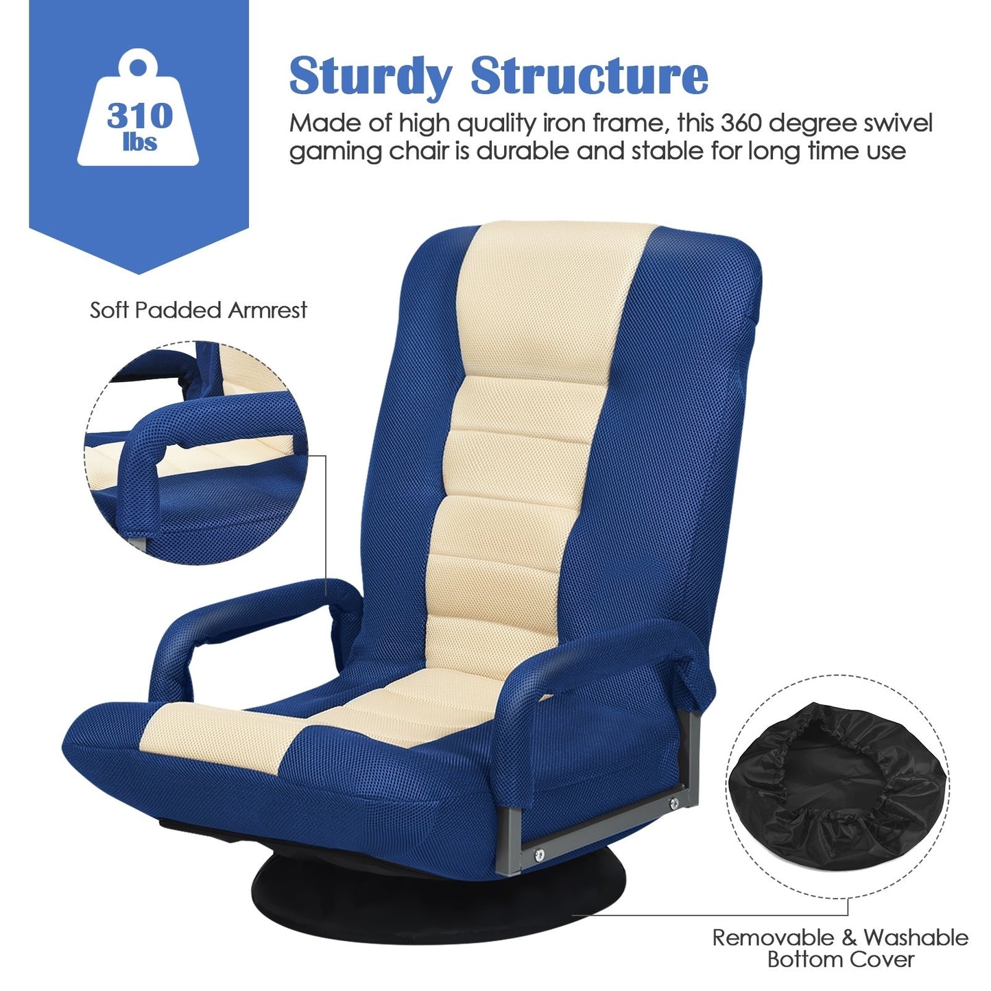 360-Degree Swivel Gaming Floor Chair with Foldable Adjustable Backrest, Blue Floor Chairs   at Gallery Canada