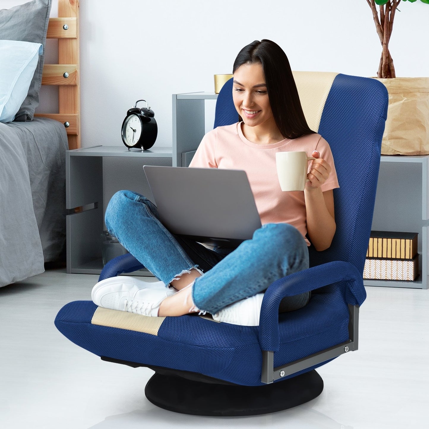 360-Degree Swivel Gaming Floor Chair with Foldable Adjustable Backrest, Blue Floor Chairs   at Gallery Canada