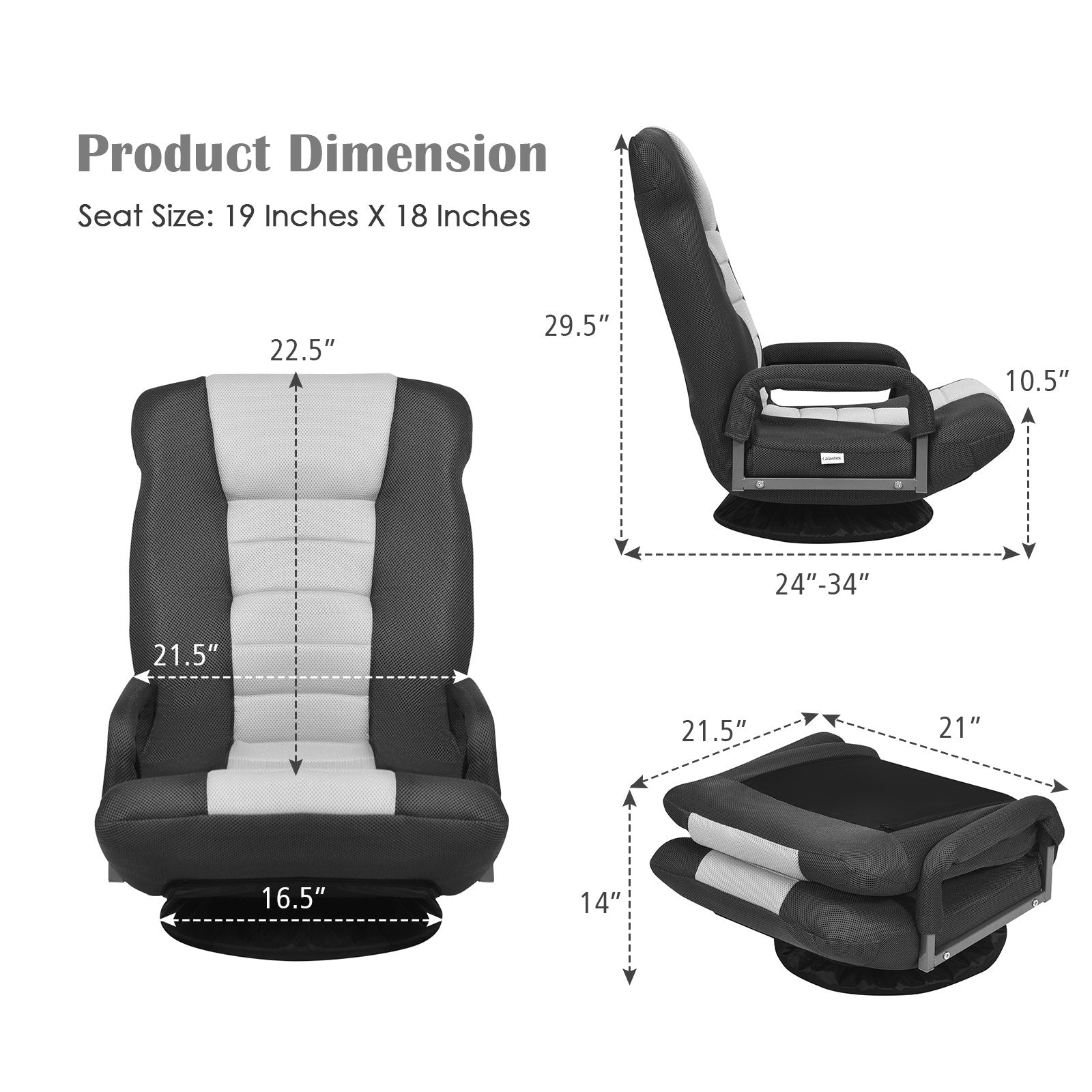 360-Degree Swivel Gaming Floor Chair with Foldable Adjustable Backrest, Gray Floor Chairs   at Gallery Canada