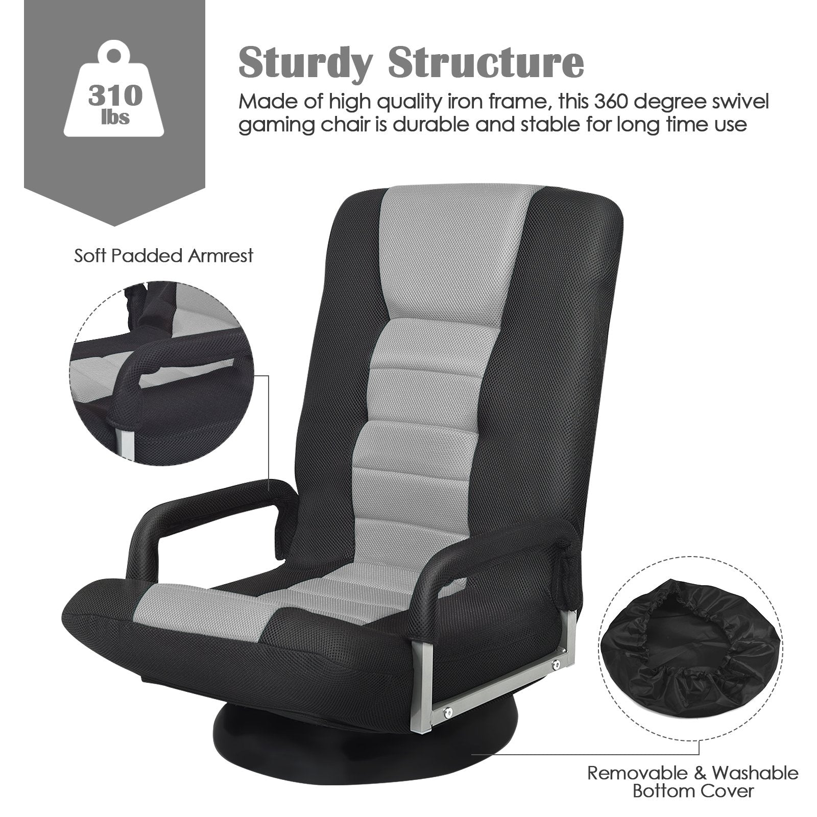 360-Degree Swivel Gaming Floor Chair with Foldable Adjustable Backrest, Gray Floor Chairs   at Gallery Canada