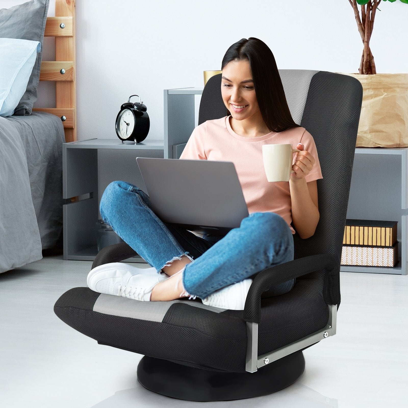 360-Degree Swivel Gaming Floor Chair with Foldable Adjustable Backrest, Gray - Gallery Canada