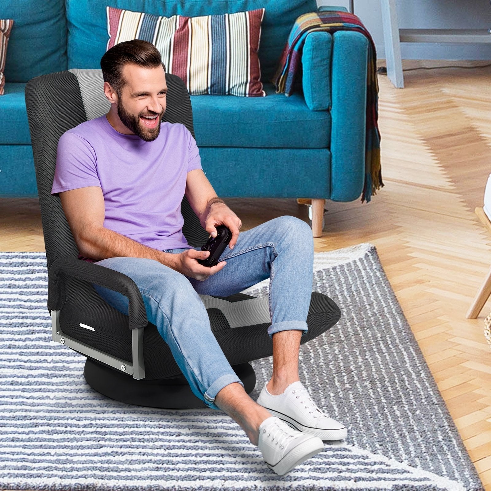 360-Degree Swivel Gaming Floor Chair with Foldable Adjustable Backrest, Gray - Gallery Canada