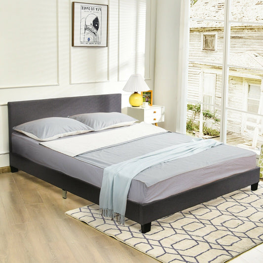 Queen Upholstered Platform Bed Frame with Linen Headboard Wood Slat, Gray - Gallery Canada