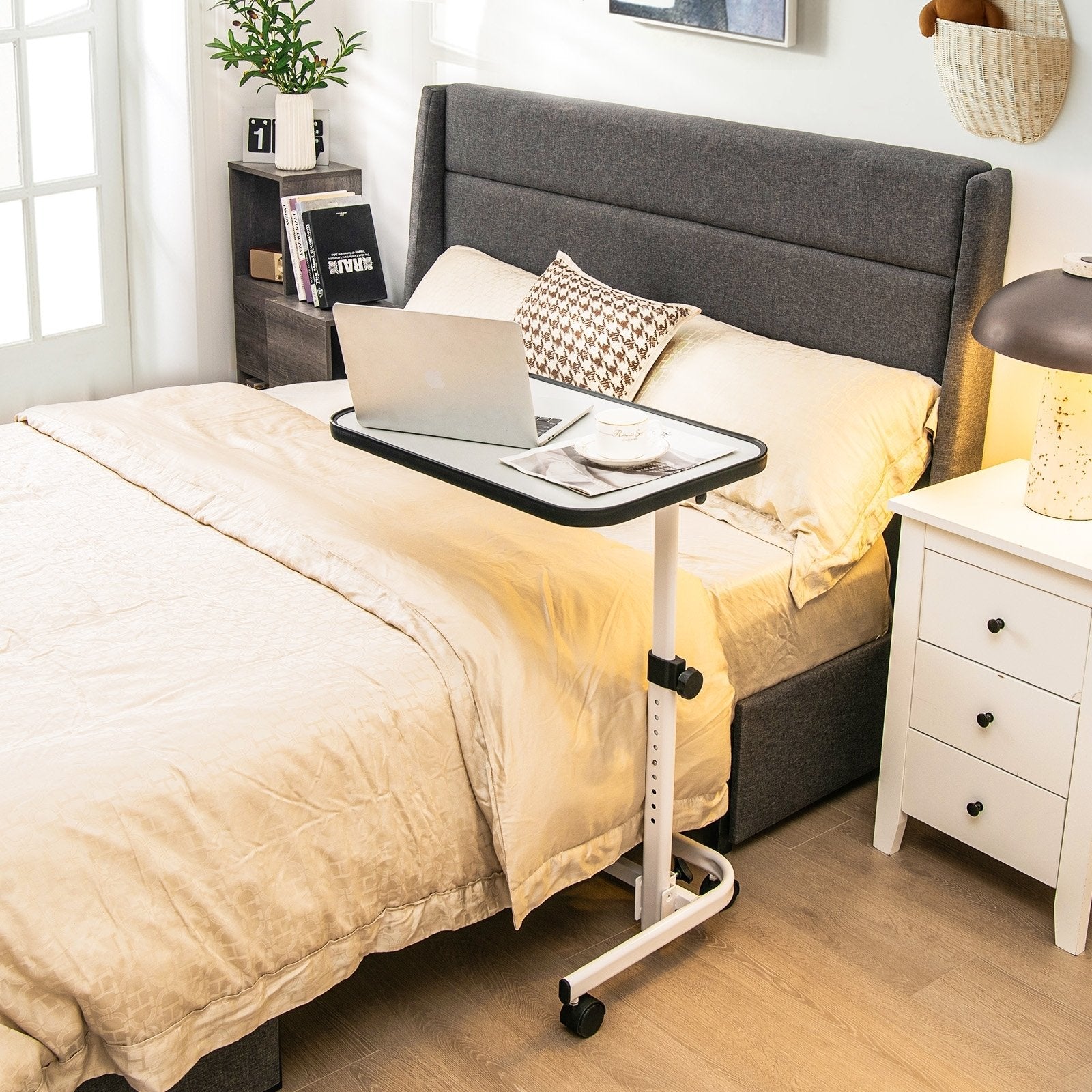 Rolling Overbed Bedside Table with 9-Level Adjustable Height, White End & Side Tables   at Gallery Canada