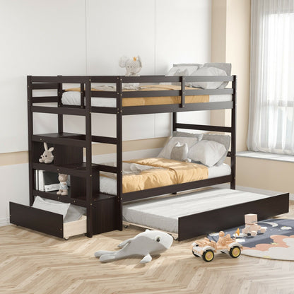 Twin Over Twin Bunk Bed with Storage Shelf and Drawer, Dark Brown Bunk Bed Frame   at Gallery Canada