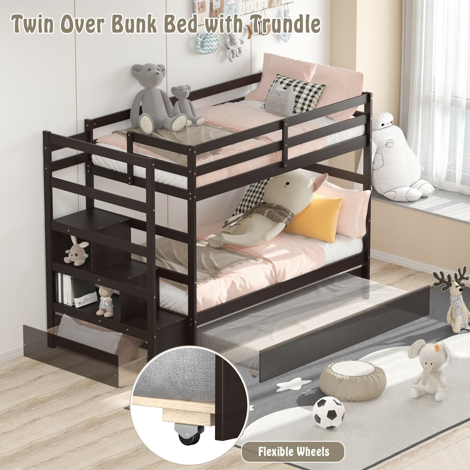 Twin Over Twin Bunk Bed with Storage Shelf and Drawer, Dark Brown Bunk Bed Frame   at Gallery Canada