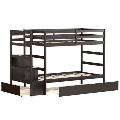 Twin Over Twin Bunk Bed with Storage Shelf and Drawer, Dark Brown Bunk Bed Frame   at Gallery Canada