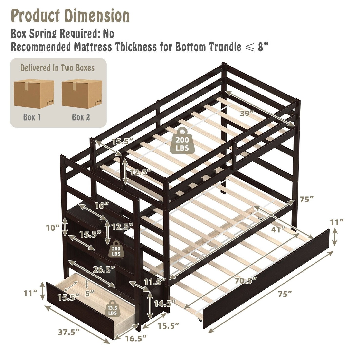 Twin Over Twin Bunk Bed with Storage Shelf and Drawer, Dark Brown - Gallery Canada