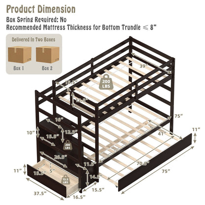 Twin Over Twin Bunk Bed with Storage Shelf and Drawer, Dark Brown Bunk Bed Frame   at Gallery Canada