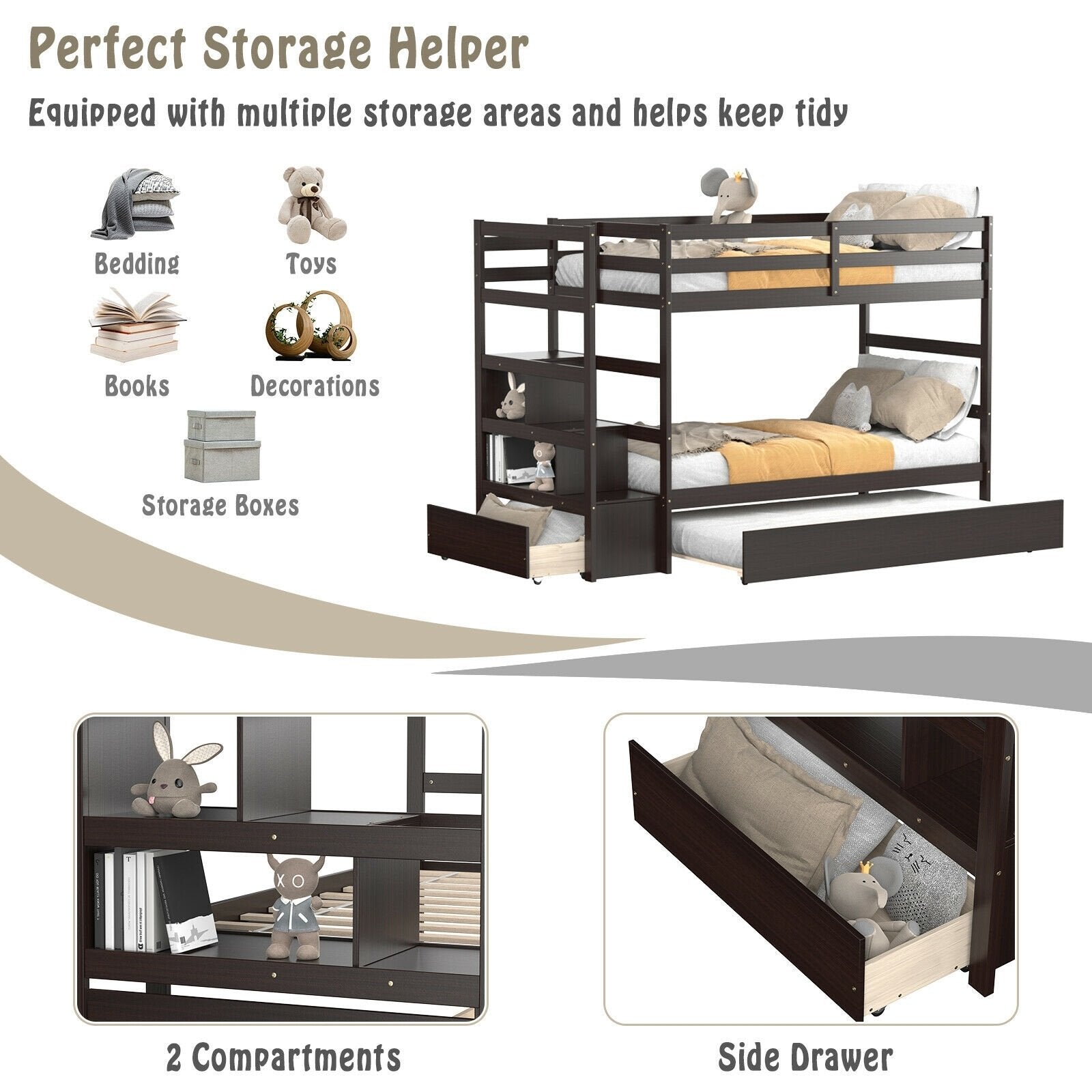 Twin Over Twin Bunk Bed with Storage Shelf and Drawer, Dark Brown - Gallery Canada