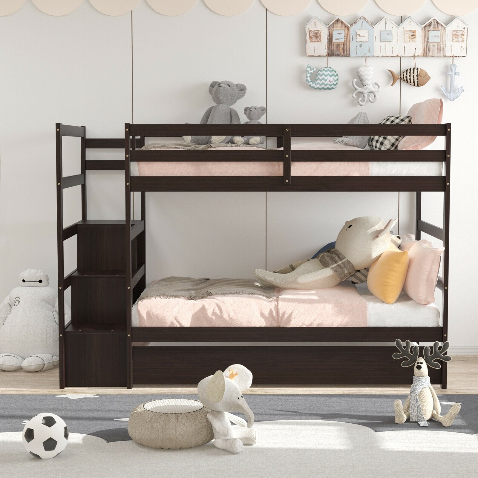 Twin Over Twin Bunk Bed with Storage Shelf and Drawer, Dark Brown - Gallery Canada