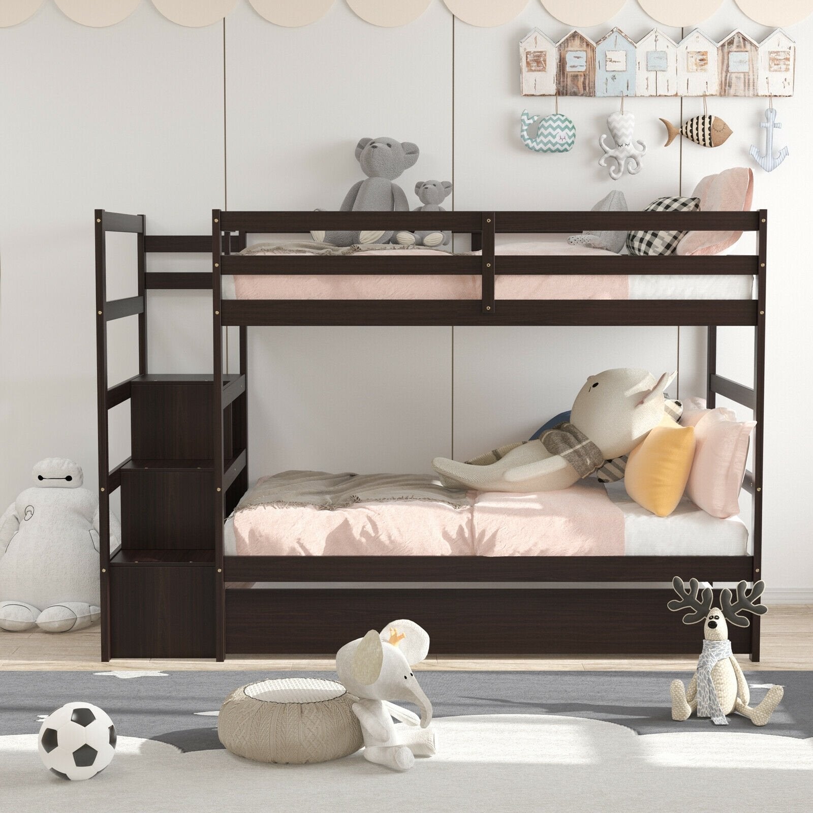 Twin Over Twin Bunk Bed with Storage Shelf and Drawer, Dark Brown Bunk Bed Frame   at Gallery Canada