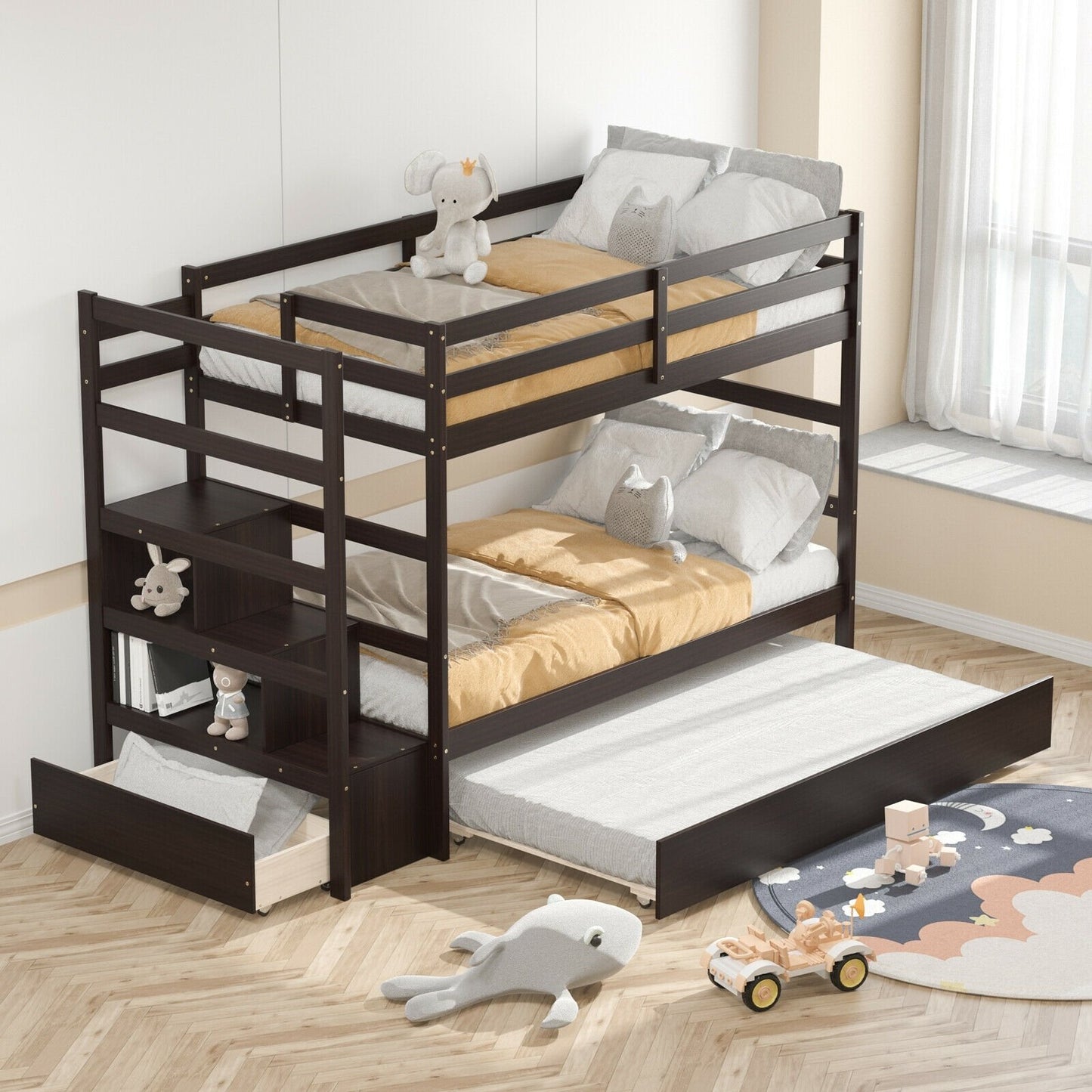 Twin Over Twin Bunk Bed with Storage Shelf and Drawer, Dark Brown Bunk Bed Frame   at Gallery Canada