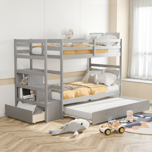 Twin Over Twin Bunk Bed with Storage Shelf and Drawer, Gray