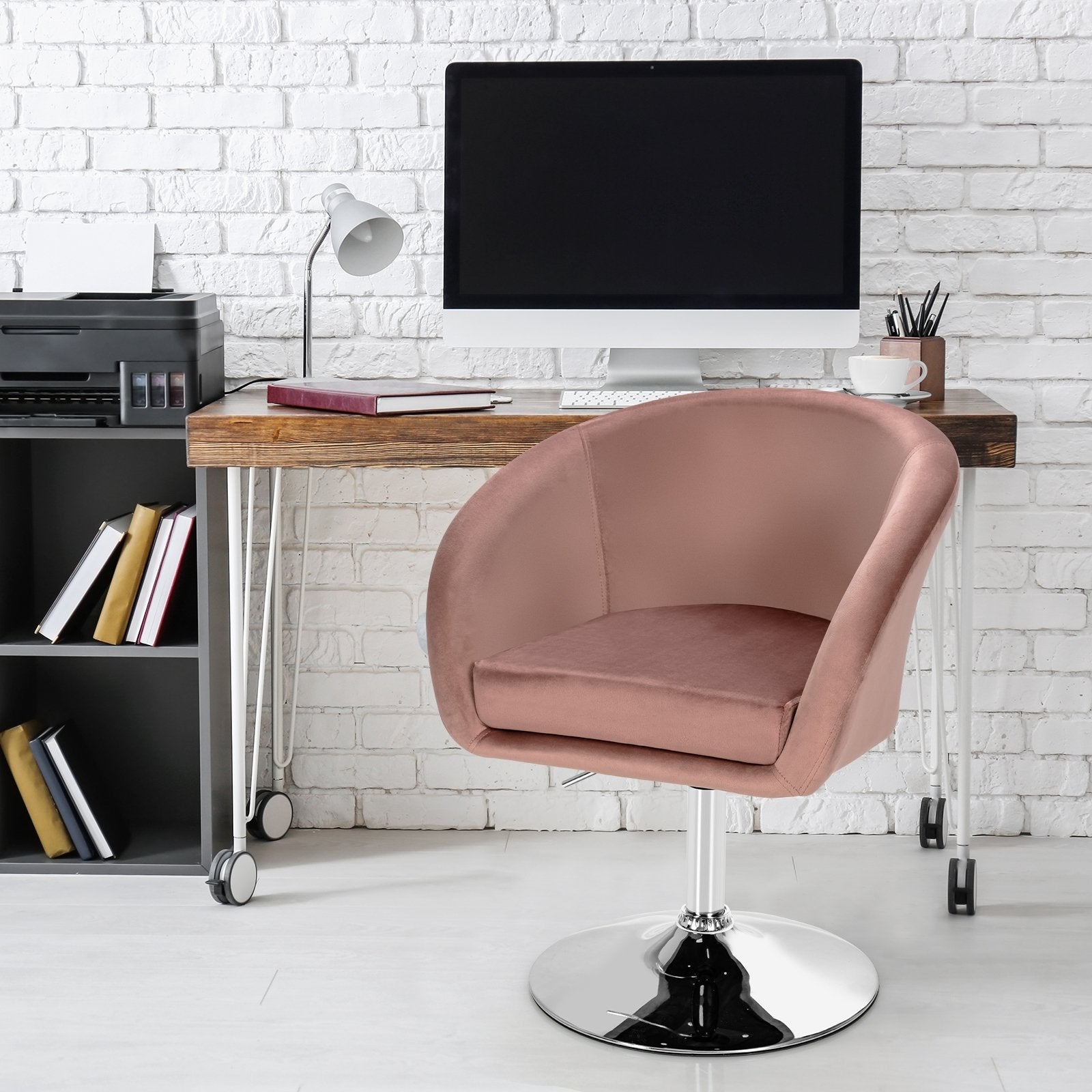 360 Degree Swivel Makeup Stool Accent Chair with Round Back and Metal Base, Pink Accent Chairs   at Gallery Canada