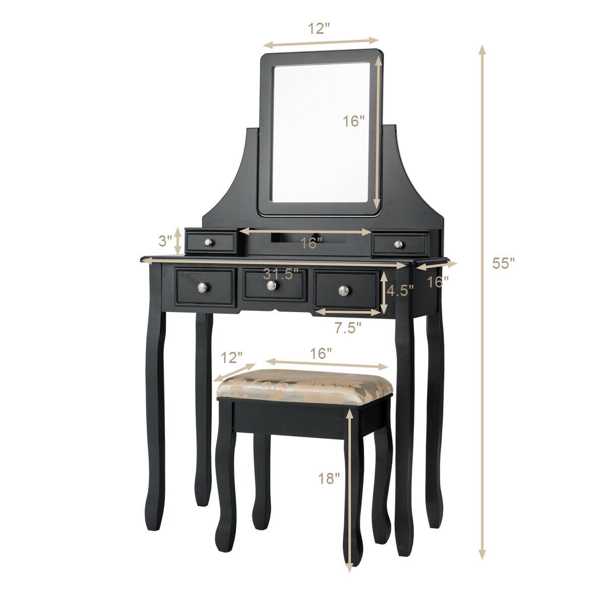 5 Drawers Removable Box Makeup Dressing Vanity Set, Black Makeup Vanities   at Gallery Canada